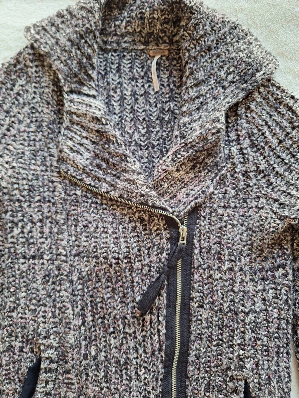 Free People Marbled Chunky Knit Moto Asymmetrical Zip Sweater Jacket Size XS
